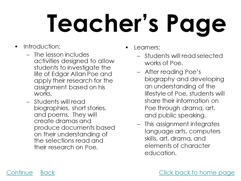 Teacher’s Page Introduction: The lesson includes activities designed to allow students to investigate the